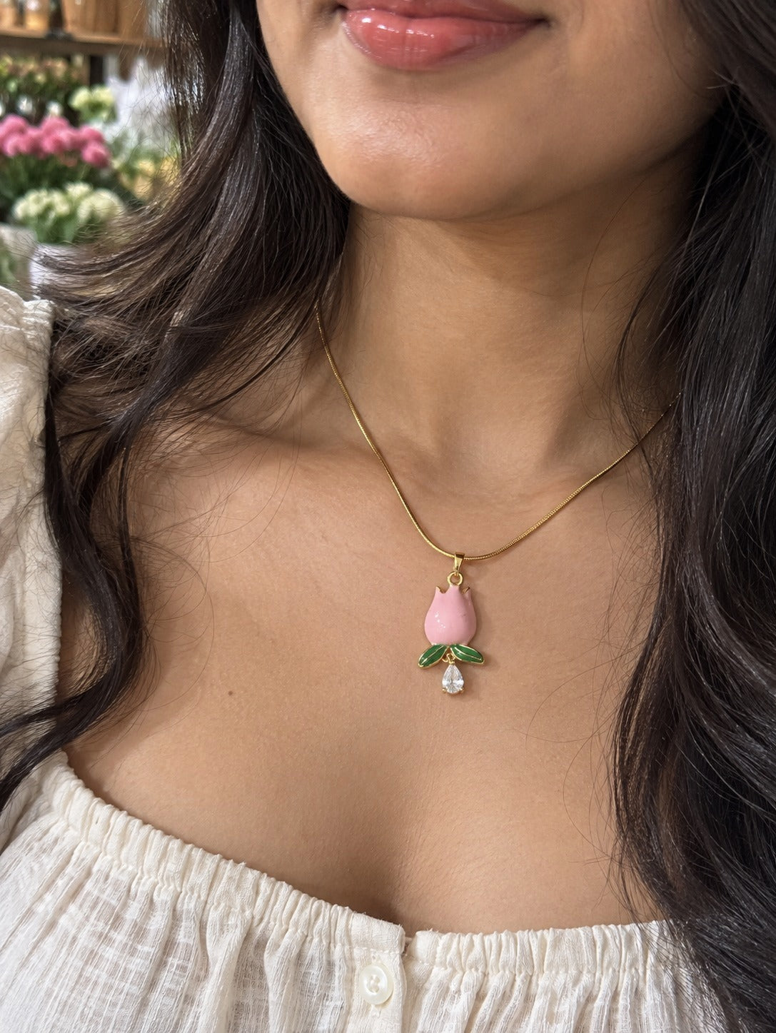 Pink Enamel Tulip Necklace worn by a model