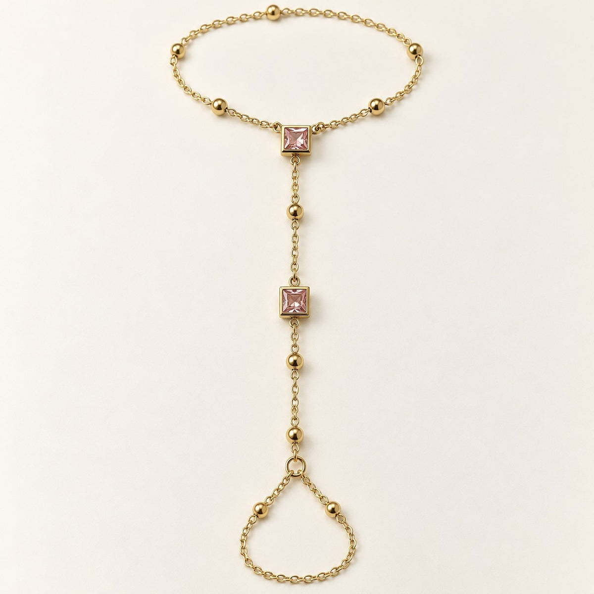 Square Stone Hand Chain, pink, product photo on cream