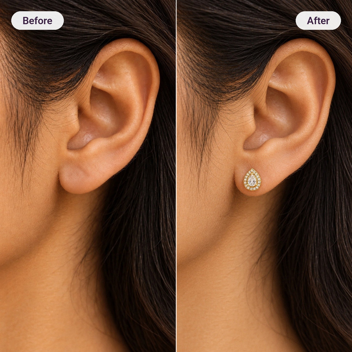 Teardrop Halo Studs – before and after