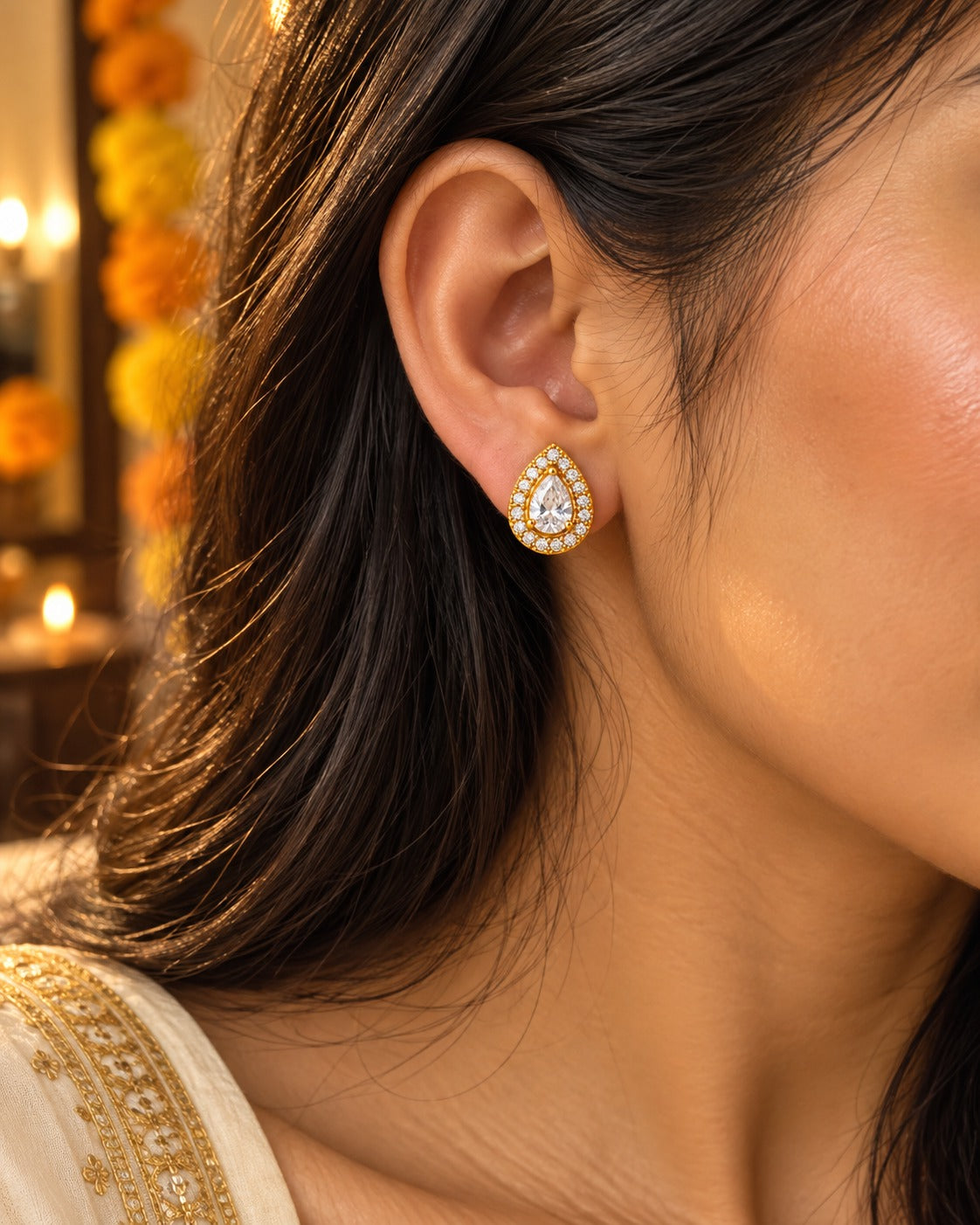 Teardrop Halo Studs – worn